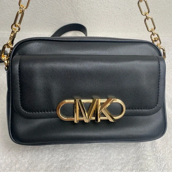 Michael Kors Women's Black Leather Gold Logo Parker Camera Crossbody Bag Classic - Picture 5 of 15